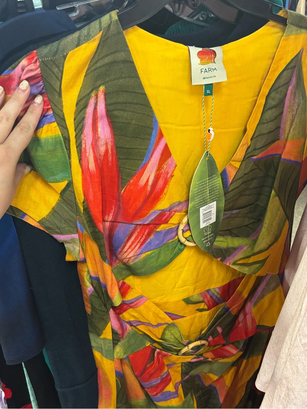 FARM Rio Yellow Tropical Midi Dress with Green Leaves and Red Blooms